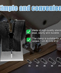 Two Pack Pro Grade Stainless Steel Zipper Jig Tool Set For Quick Zipper Slider Replacement Handy Zipper Pull Install And Repair Zipper Head Size Range From Two Point Five To Ten Durable Craft Tool shown in use.