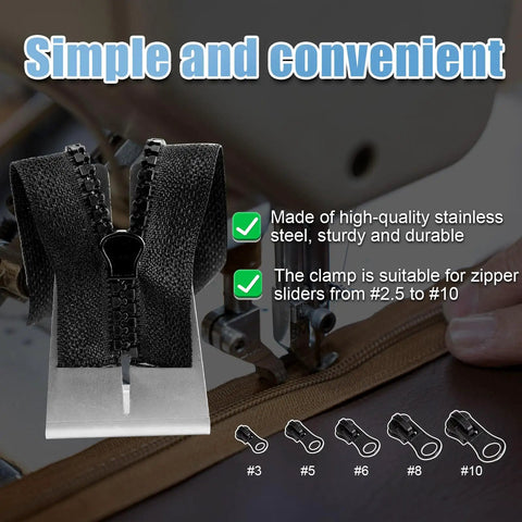 Two Pack Pro Grade Stainless Steel Zipper Jig Tool Set For Quick Zipper Slider Replacement Handy Zipper Pull Install And Repair Zipper Head Size Range From Two Point Five To Ten Durable Craft Tool shown in use.