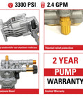3300 PSI 2.4 GPM Replacement Pressure Washer Pump Kit With Horizontal Axial Cam For Gas Pressure Washers, Three Quarter Inch Shaft, Includes Hardware And Siphon Tube, Easy Install And Built To Last, aluminum crankcase, warranty details
