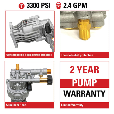 3300 PSI 2.4 GPM Replacement Pressure Washer Pump Kit With Horizontal Axial Cam For Gas Pressure Washers, Three Quarter Inch Shaft, Includes Hardware And Siphon Tube, Easy Install And Built To Last, aluminum crankcase, warranty details
