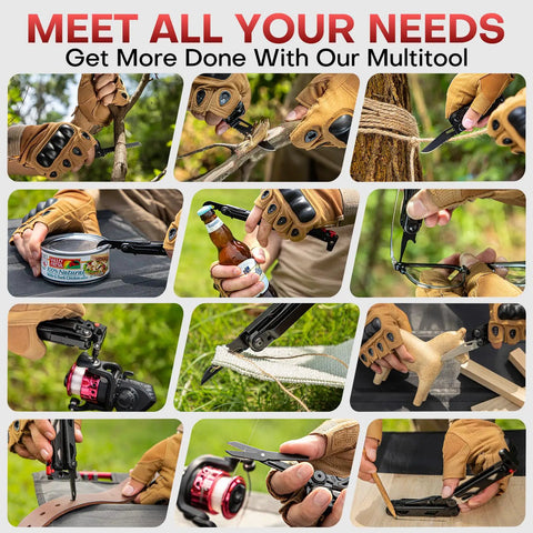 27 In 1 Multitool With Needle Nose Pliers, Screwdrivers, Fire Starter and EDC Gear in use for various outdoor tasks