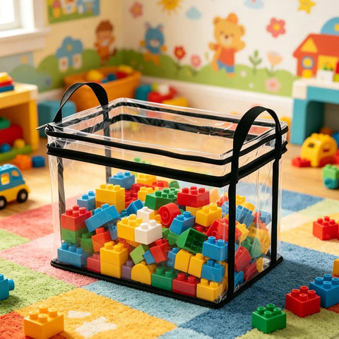 Heavy Duty Clear Zipper Storage Bags With Handles For Moving Ready Organization And Document Protectors Super thick bag holding colorful building blocks.