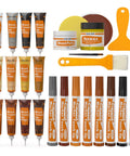 Wood Furniture Repair Kit 28 Piece Set With Touch Up Markers And Fillers, Wood Putty, Beeswax, Scraper, Brushes, Sandpaper And Sponge