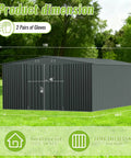 Heavy Duty 10 By 14 Ft Outdoor Metal Storage Shed with waterproof construction and sloped roof, dimensions shown