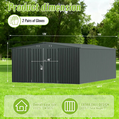 Heavy Duty 10 By 14 Ft Outdoor Metal Storage Shed with waterproof construction and sloped roof, dimensions shown
