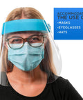 Person wearing 80 Shield Case With 8 Packs Of 10 Ultra Clear Full Face Shields Anti Fog PET Plastic Elastic Headband And Soft Forehead Pad