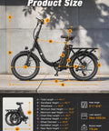 Foldable Electric Bike for Adults With 1200W Peak Motor, 20 Inch Fat Tires showing dimensions and size chart