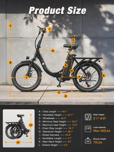 Foldable Electric Bike for Adults With 1200W Peak Motor, 20 Inch Fat Tires showing dimensions and size chart
