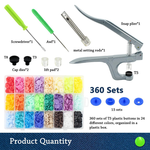 360 Sets T5 Snap Buttons No Sew Fasteners Kit With Pliers For Sewing Clothes And Fabric DIY Crafting, 24 Colors, 15 Sets Each Color, Easy Install