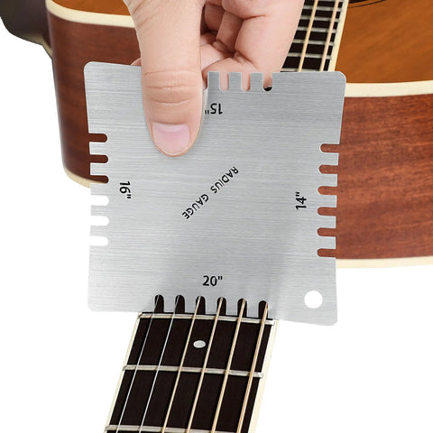 All In One Guitar Setup Kit With 16 Inch Fret Leveler And Notched Straight Edge showing radius gauge on guitar fretboard
