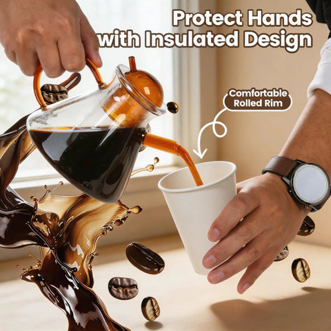 Pouring coffee into 8 Oz Disposable Paper Coffee Cups, 100 Count, Leakproof White Cups for Hot Or Cold Drinks