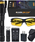 365nm Blacklight Flashlight With 36W Rechargeable Power and accessories including glasses, charger, and storage case