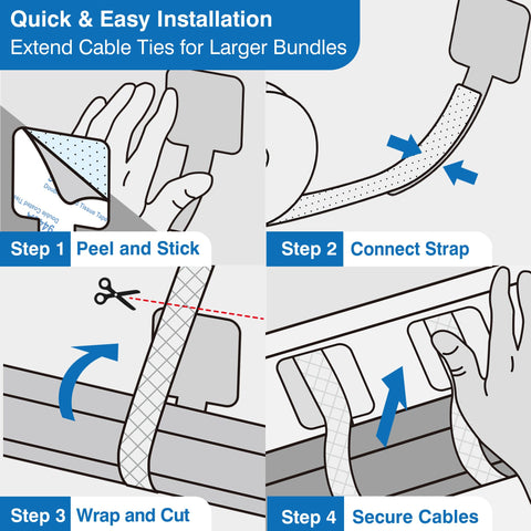 Illustration of steps to use the Ultimate Cable Management Kit With 40 Self Adhesive Hook and Loop Ties And 2 Extension Straps