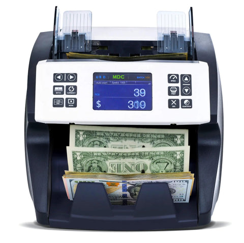 Mixed Denomination Money Counter for Multi Currency with digital display, cash slot, and note stacker, ideal for banking use