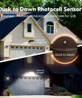 LED Outdoor Barn Light With Dusk To Dawn Sensor highlighting automatic on-off feature in day and night house setting.