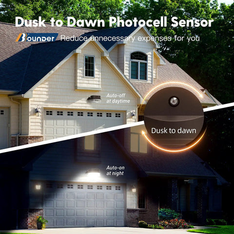 Front view of house showcasing LED Barn Light 120W Dusk To Dawn Outdoor Flood Light With Photocell 15600LM 5000K Daylight functioning day and night