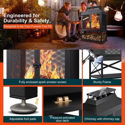 Metal Outdoor Fireplace For Patio And Backyard 39 Inch Square Chiminea Fire Pit with grill, spark screen, and fire poker features.