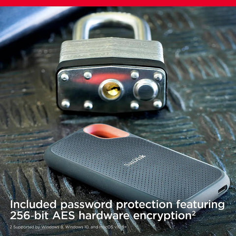 1TB Portable NVMe SSD With USB C, USB 3.2 Gen 2 next to a padlock, illustrating security with 256-bit AES encryption.