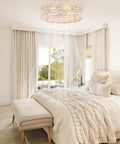 20Inch Caged Low Profile Ceiling Fan With Integrated Light And Remote Control In Refined White Gold Finish above a cozy bedroom.