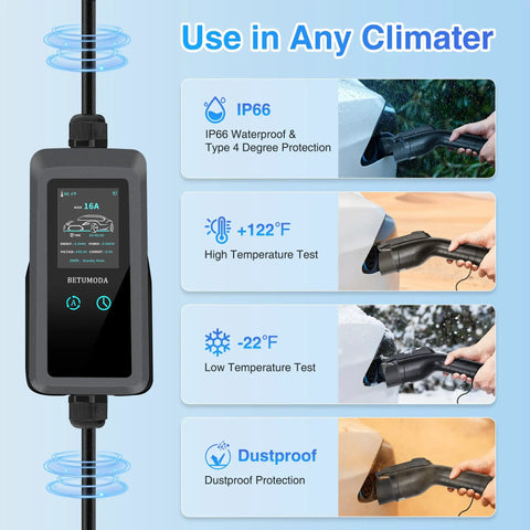 Level 1 And Level 2 EV Charger With 25 Feet Cable, IP66 waterproof, performs in high/low temperatures, dustproof features.