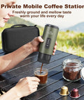 Person using 3 In 1 Portable Espresso Maker With Carrying Bag And Stand, Self Heating Coffee Brewer with capsules outdoors