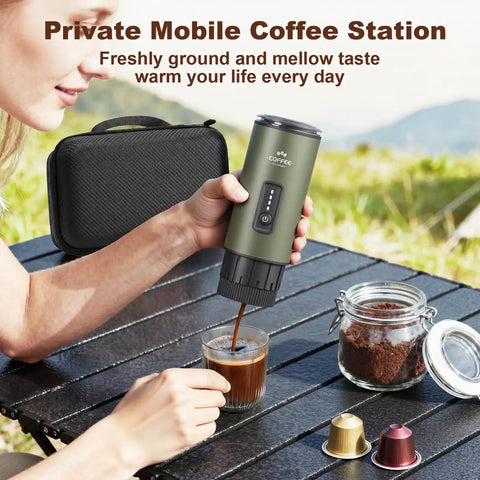 Person using 3 In 1 Portable Espresso Maker With Carrying Bag And Stand, Self Heating Coffee Brewer with capsules outdoors