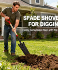Man using Heavy Duty Spade Shovel For Digging With D Handle 45 Inch Trench Shovel For Gardening Digging Ground Transplanting And Weeding Deep Ground Breaker For Packed Soil And Gnarly Roots Easy To Handle in garden