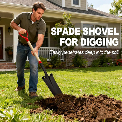 Man using Heavy Duty Spade Shovel For Digging With D Handle 45 Inch Trench Shovel For Gardening Digging Ground Transplanting And Weeding Deep Ground Breaker For Packed Soil And Gnarly Roots Easy To Handle in garden