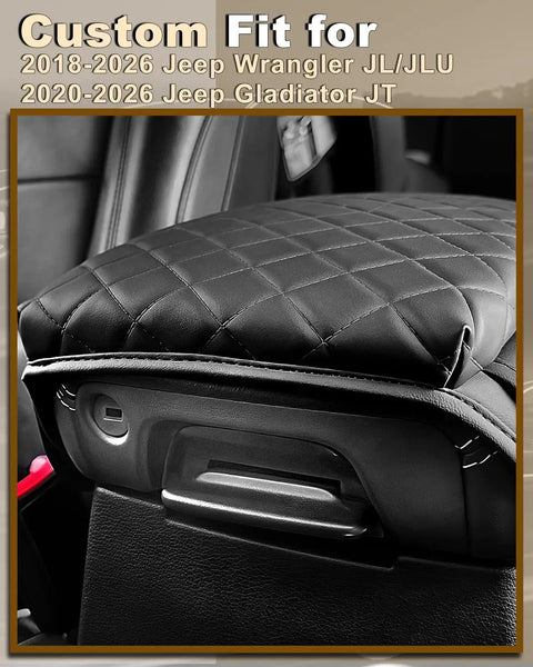 Armrest Cover For Jeep Wrangler JL Center Console Pad With Organizer Pockets Black Faux Leather Arm Rest Lid Cushion for 2018 to 2026 JL and Gladiator JT