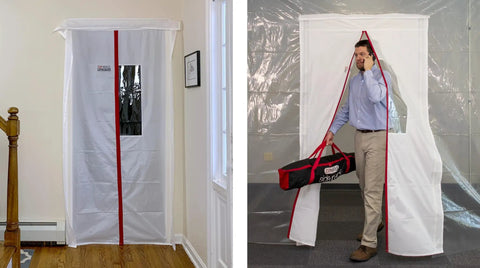ZipDoor ZDM Magnetic Door Kit installed in home, self-closing white door, used for dust barriers during renovation