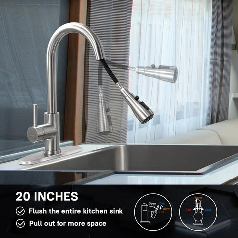 High Arc Brushed Nickel Kitchen Faucet With Pull Down Sprayer, Single Handle Tulip Design, installed in modern kitchen sink
