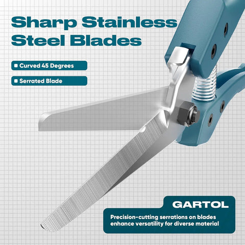 Close-up of 8 Inch All Purpose Heavy Duty Scissors With Ultra Sharp Serrated Angled Blades And Cable Notch For Cutting Cardboard Carpet.
