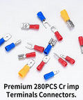 Assorted 280 Piece Electrical Cable Connectors Kit With Insulated Wire Terminals including assorted terminal types on display.