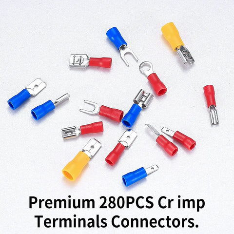 Assorted 280 Piece Electrical Cable Connectors Kit With Insulated Wire Terminals including assorted terminal types on display.