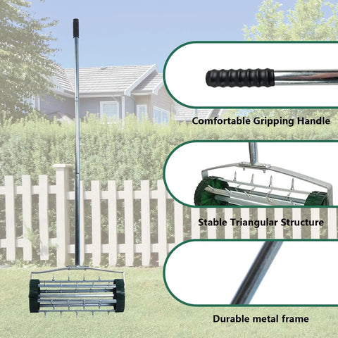 Rolling Lawn Aerator With 1.4 Inch Spikes, Rotary Push Tine Spike Soil Aerator showing handle and triangular frame on lawn