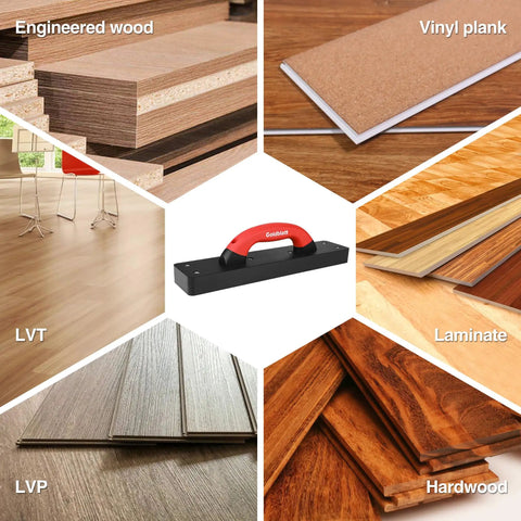 Heavy Duty Hammer-Free Tapping Block For Vinyl Plank Flooring With A 9 Inch Soft Grip Handle shown with various flooring types