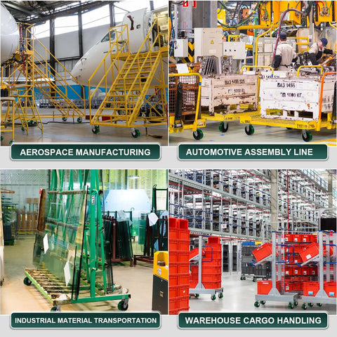 Heavy Duty Cast Iron Caster Wheels With Polyurethane Tread And Half Inch Bore Roller Bearing on industrial carts in various settings.