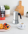 New Venus Induction Stovetop Coffee Maker 6 Cup Stainless Steel Silver on kitchen counter with breakfast.