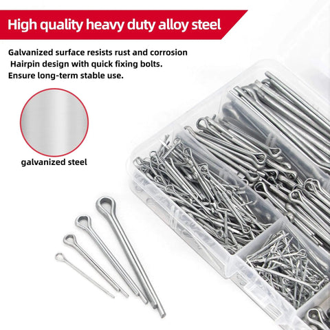 High quality heavy duty alloy steel cotter pin kit with galvanized surface, resisting corrosion, featuring hairpin design.