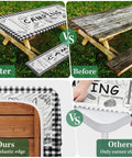 Comparison of Three Piece Picnic Table Cover Set With Bench Covers, Elastic Edges, Farm Plaid Fitted Tablecloth on wooden table.