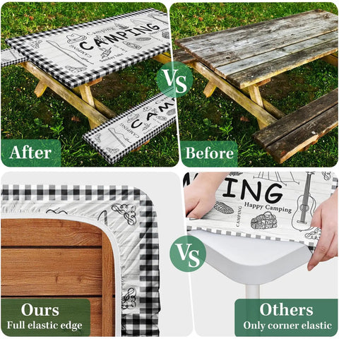Comparison of Three Piece Picnic Table Cover Set With Bench Covers, Elastic Edges, Farm Plaid Fitted Tablecloth on wooden table.