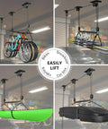 Upgrade Garage Ceiling Hoist System for Overhead Storage, holding bikes, snowboards, kayak, and cargo box, black steel, easy install