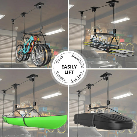 Upgrade Garage Ceiling Hoist System for Overhead Storage, holding bikes, snowboards, kayak, and cargo box, black steel, easy install