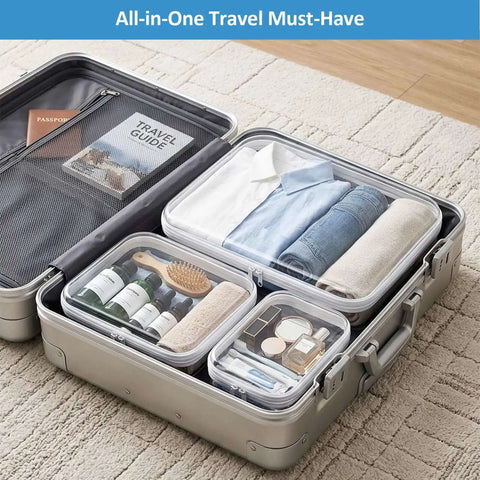 Heavy Duty Six Pack Clear Hard Shell Zipper Cases for toiletries and cosmetics in a packed suitcase, assorted sizes, travel-ready.
