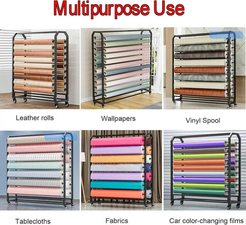 Haul Master Steel Roll Storage Rack Badass Wall Organizer For Vinyl Wallpaper And Crafting Material Spools showcasing leather, wallpaper, vinyl, and fabric rolls.