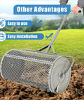 Large 27 Inch Compost Spreader for Lawn and Garden with adjustable handle shown in use on grass with easy installation icons.