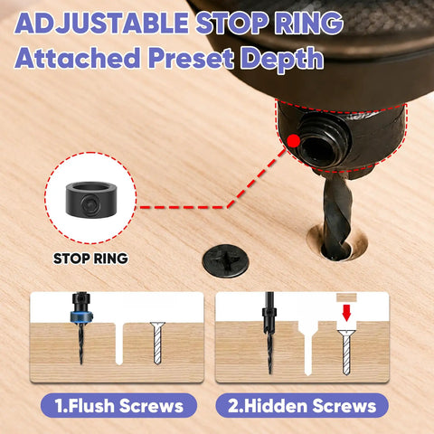 Adjustable stop ring for precision depth in Heavy Lifting Countersink Drill Bit Set, Knockout 22 Pc Pro Grade Woodworking Kit.