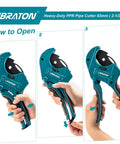 Heavy Duty PVC Pipe Cutter Two And One Half Inch Opening With Improved SK5 Blade for long lasting cuts shown in step-by-step use