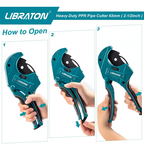 Heavy Duty PVC Pipe Cutter Two And One Half Inch Opening With Improved SK5 Blade for long lasting cuts shown in step-by-step use