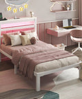 Totally Sweet Twin Size Metal Bed Frame With White Storage Headboard Featuring Smart App Control Rgb Led Lights And Built In Usb Charging Ports For Ultra Chill Bedroom Setups That Slap, showcasing a pink bedding setup.